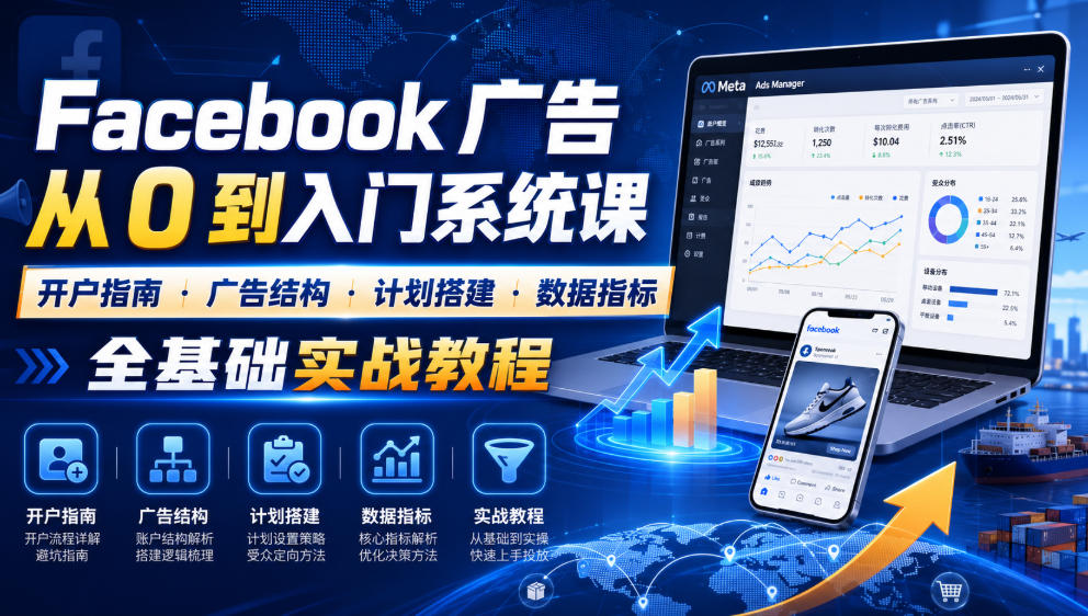 外贸跨境商家 Facebook 投放基础课 开户避坑广告搭建数据指标零基础教学